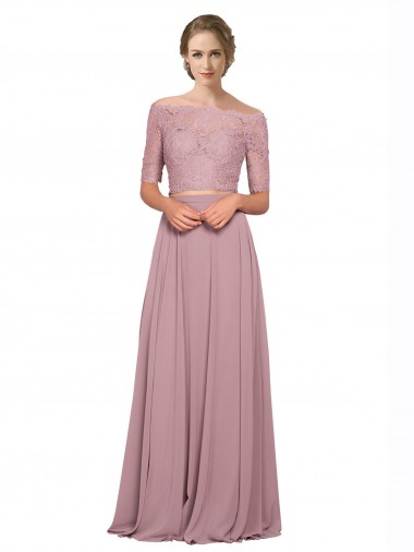Billigste A-Linien Off-Schulter Chiffon Spitze Lange Brautjungfernkleider / Abiballkleider