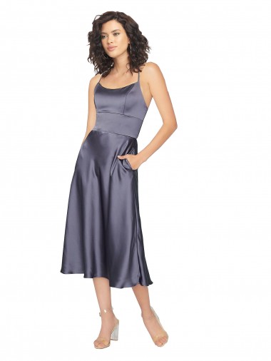 Billigste A-Linien Scoop Midi Seidiger Satin Kurze Brautjungfernkleider / Abiballkleider / Cocktailkleider / Heimkehr Kleider