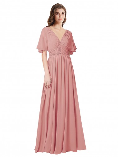 Billigste A-Linien V-Ausschnitt Chiffon Lange Brautjungfernkleider