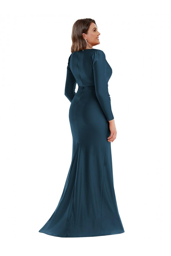 Billigste Atlantikblau Meerjungfrau V-Ausschnitt Seidiger Satin Lange Formale Brautjungfernkleider / Abendkleider / Abiballkleider