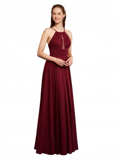 Billigste Burgunderrot A-Linien Spaghetti-Träger Neckholder Chiffon Lange Brautjungfernkleider