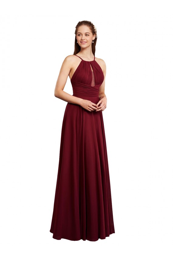 Billigste Burgunderrot A-Linien Spaghetti-Träger Neckholder Chiffon Lange Brautjungfernkleider