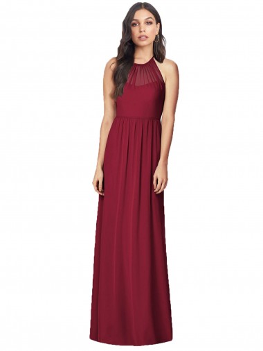 Billigste Burgunderrot Trompete Neckholder Chiffon Lange Brautjungfernkleider