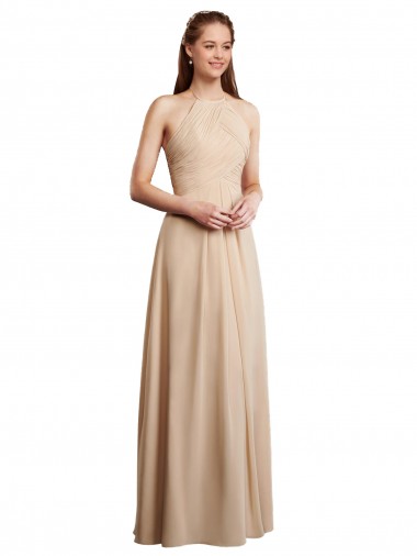 Billigste Champagner A-Linien Neckholder Chiffon Lange Brautjungfernkleider