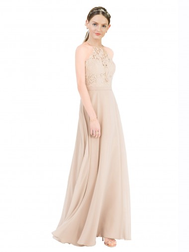 Billigste Champagner A-Linien Neckholder Stehkragen Ausschnitt Chiffon Spitze Lange Brautjungfernkleider / Abiballkleider