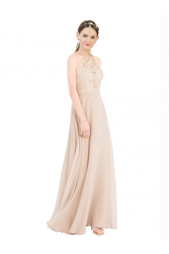Billigste Champagner A-Linien Neckholder Stehkragen Ausschnitt Chiffon Spitze Lange Brautjungfernkleider / Abiballkleider
