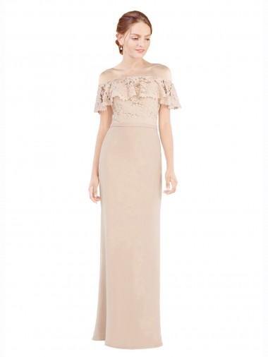 Billigste Champagner A-Linien Off-Schulter Chiffon Spitze Lange Brautjungfernkleider / Abiballkleider