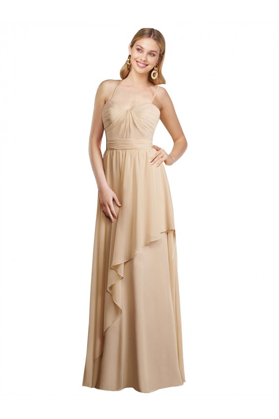 Billigste Champagner A-Linien Spaghetti-Träger Chiffon Lange Brautjungfernkleider