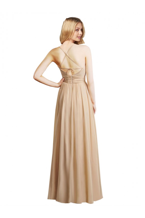 Billigste Champagner A-Linien Spaghetti-Träger Chiffon Lange Brautjungfernkleider