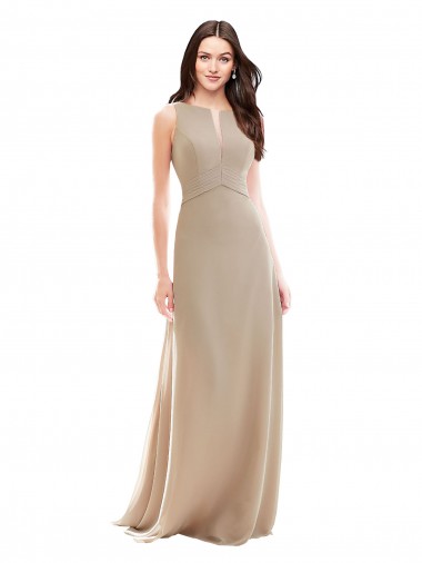 Billigste Champagner A-Linien Stehkragen Ausschnitt Chiffon Lange Brautjungfernkleider