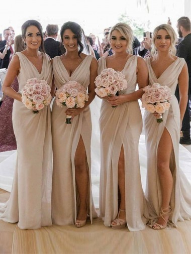 Billigste Champagner A-Linien V-Ausschnitt Chiffon Lange Brautjungfernkleider