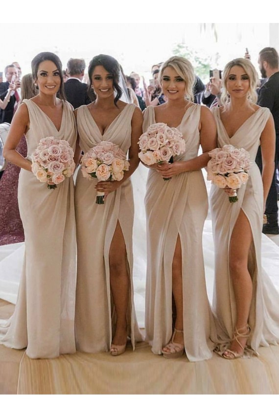 Billigste Champagner A-Linien V-Ausschnitt Chiffon Lange Brautjungfernkleider