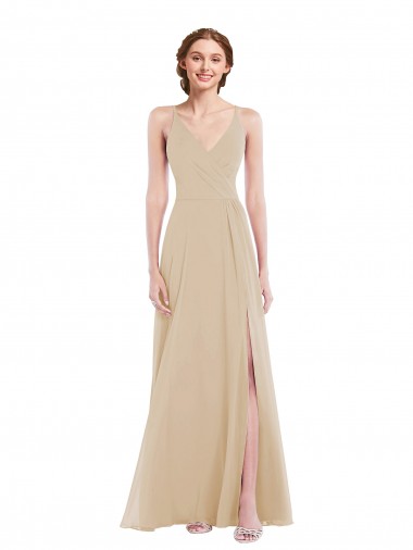 Billigste Champagner A-Linien V-Ausschnitt Chiffon Lange Brautjungfernkleider