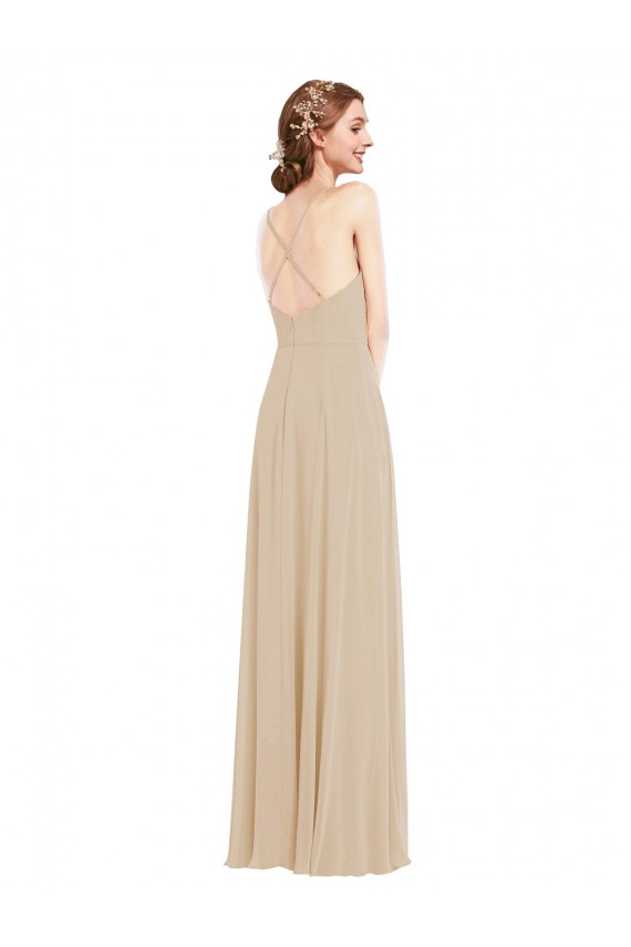 Billigste Champagner A-Linien V-Ausschnitt Chiffon Lange Brautjungfernkleider