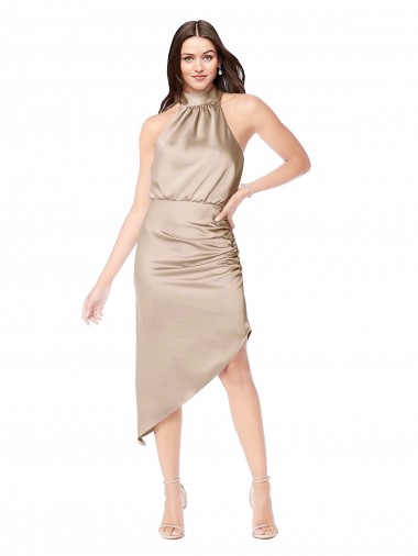 Billigste Champagner Rosa A-Linien Neckholder Midi Seidiger Satin Kurze Brautjungfernkleider / Abiballkleider / Cocktailkleider / Heimkehr Kleider