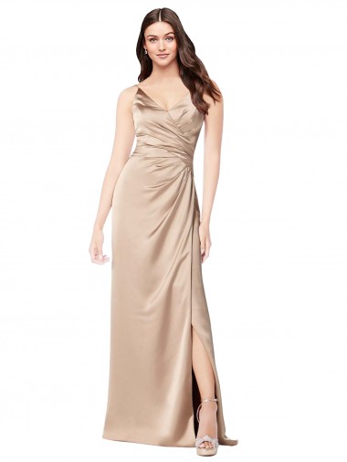 Billigste Champagner Rosa A-Linien Spaghetti-Träger V-Ausschnitt Seidiger Satin Lange Formale Brautjungfernkleider / Abendkleider / Abiballkleider