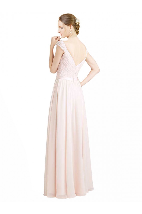 Billigste Creme Rosa A-Linien Chiffon Spitze Lange Brautjungfernkleider