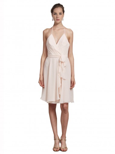 Billigste Creme Rosa A-Linien Neckholder V-Ausschnitt Knielang Chiffon Kurze Brautjungfernkleider / Cocktailkleider / Heimkehr Kleider