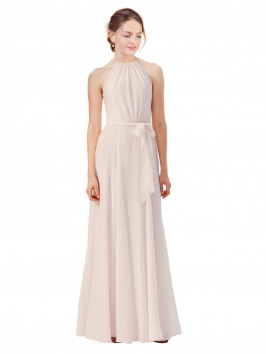 Billigste Creme Rosa A-Linien Stehkragen Ausschnitt Chiffon Lange Brautjungfernkleider