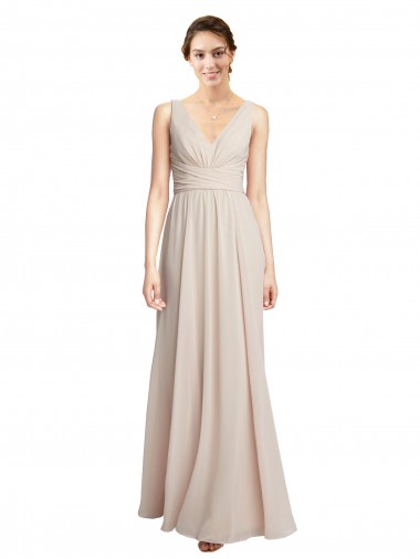 Billigste Creme Rosa A-Linien V-Ausschnitt Chiffon Lange Brautjungfernkleider