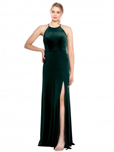 Billigste Dunkelgrün A-Linien Spaghetti-Träger Jewel Neck Stretch-Samt Lange Brautjungfernkleider / Abiballkleider
