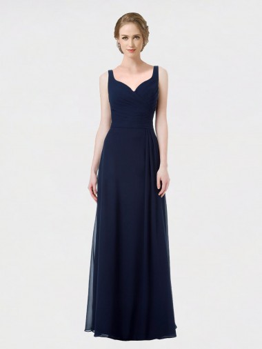 Billigste Dunkelmarine A-Linien Chiffon Lange Brautjungfernkleider