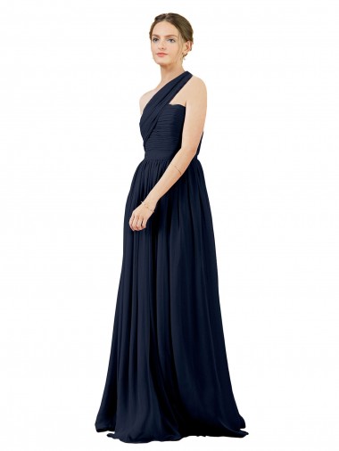 Billigste Dunkelmarine A-Linien Eine-Schulter Chiffon Lange Brautjungfernkleider