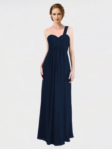 Billigste Dunkelmarine A-Linien Eine-Schulter Chiffon Lange Brautjungfernkleider