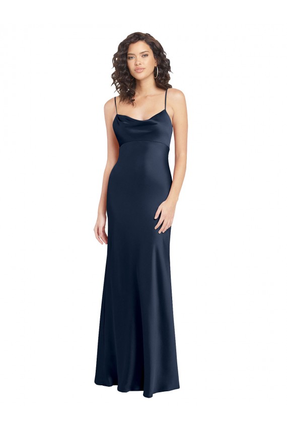 Billigste Dunkelmarine A-Linien Haube Ausschnitt Stretch-Satin Lange Formale Brautjungfernkleider / Abendkleider / Abiballkleider