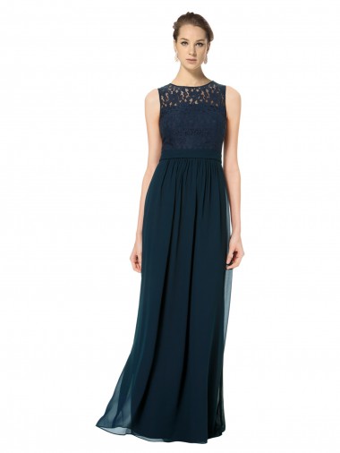 Billigste Dunkelmarine A-Linien Illusion Ausschnitt Chiffon Spitze Lange Brautjungfernkleider