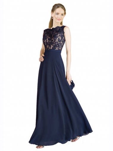Billigste Dunkelmarine A-Linien Illusion Ausschnitt Chiffon Spitze Lange Brautjungfernkleider / Abiballkleider