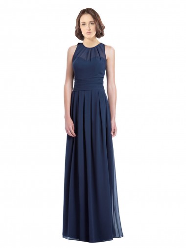 Billigste Dunkelmarine A-Linien Neckholder Chiffon Lange Brautjungfernkleider