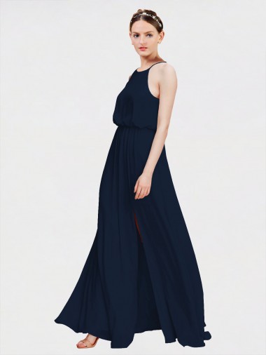 Billigste Dunkelmarine A-Linien Neckholder Chiffon Lange Brautjungfernkleider