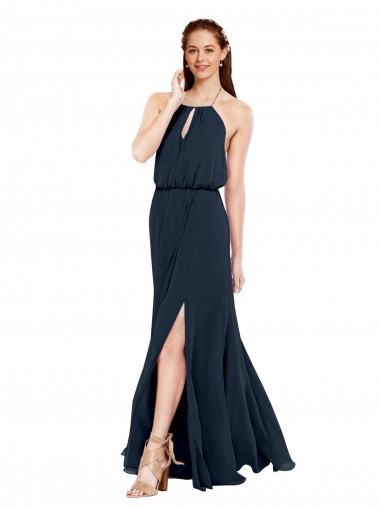 Billigste Dunkelmarine A-Linien Neckholder Chiffon Lange Brautjungfernkleider