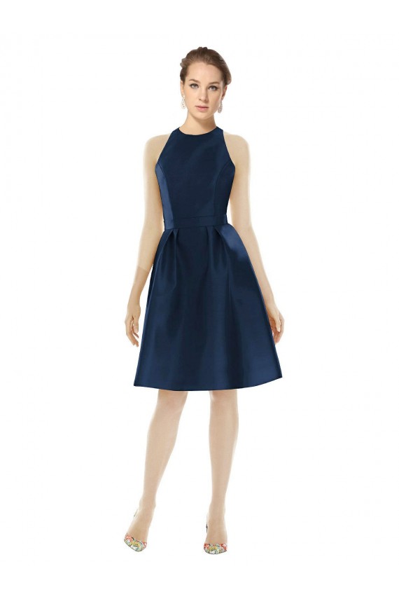 Billigste Dunkelmarine A-Linien Neckholder Cocktail Satin Kurze Brautjungfernkleider / Cocktailkleider / Heimkehr Kleider