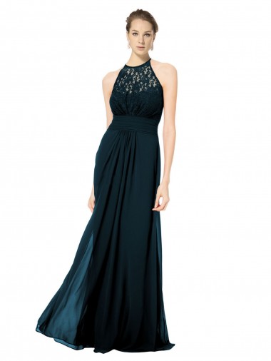 Billigste Dunkelmarine A-Linien Neckholder Illusion Ausschnitt Chiffon Spitze Lange Brautjungfernkleider