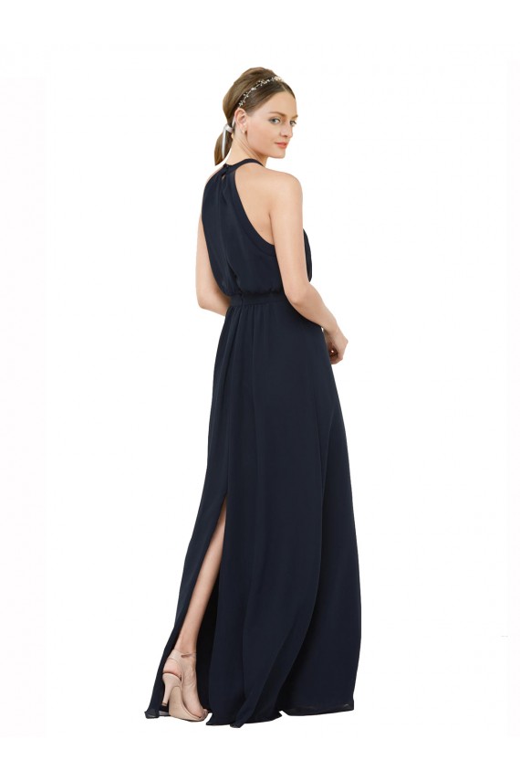 Billigste Dunkelmarine A-Linien Neckholder Stehkragen Ausschnitt Chiffon Lange Brautjungfernkleider