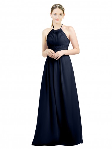 Billigste Dunkelmarine A-Linien Neckholder Stehkragen Ausschnitt Chiffon Lange Brautjungfernkleider