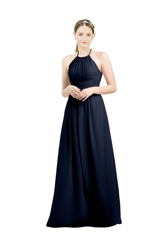 Billigste Dunkelmarine A-Linien Neckholder Stehkragen Ausschnitt Chiffon Lange Brautjungfernkleider