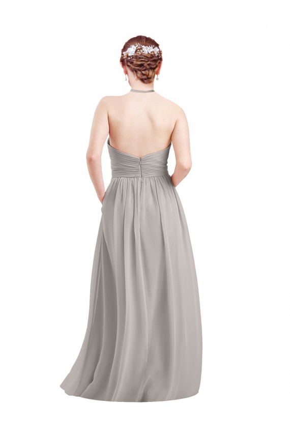 Billigste Dunkelmarine A-Linien Neckholder Stehkragen Ausschnitt Chiffon Lange Brautjungfernkleider