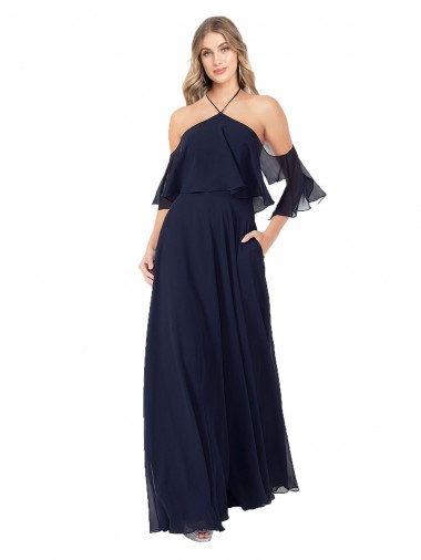 Billigste Dunkelmarine A-Linien Neckholder Stehkragen Ausschnitt Chiffon Lange Brautjungfernkleider