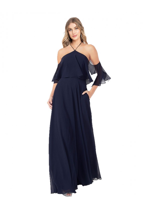 Billigste Dunkelmarine A-Linien Neckholder Stehkragen Ausschnitt Chiffon Lange Brautjungfernkleider