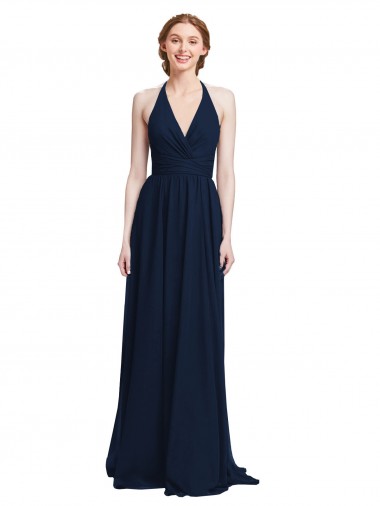Billigste Dunkelmarine A-Linien Neckholder V-Ausschnitt Chiffon Lange Brautjungfernkleider