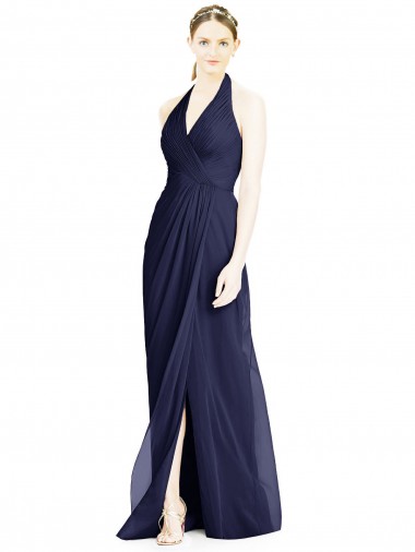 Billigste Dunkelmarine A-Linien Neckholder V-Ausschnitt Chiffon Lange Brautjungfernkleider