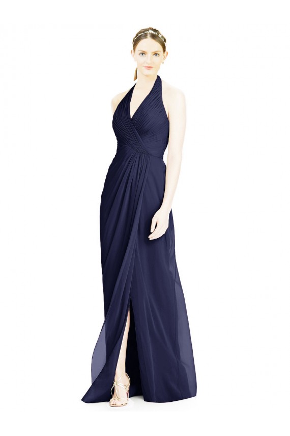Billigste Dunkelmarine A-Linien Neckholder V-Ausschnitt Chiffon Lange Brautjungfernkleider