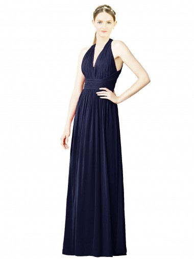Billigste Dunkelmarine A-Linien Neckholder V-Ausschnitt Chiffon Lange Brautjungfernkleider