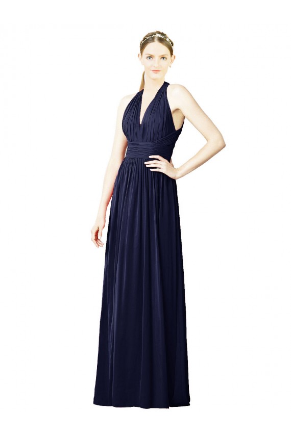 Billigste Dunkelmarine A-Linien Neckholder V-Ausschnitt Chiffon Lange Brautjungfernkleider