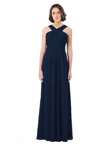 Billigste Dunkelmarine A-Linien Off-Schulter Chiffon Lange Brautjungfernkleider