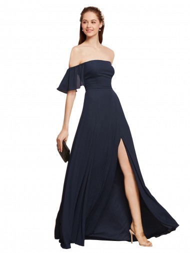 Billigste Dunkelmarine A-Linien Off-Schulter Chiffon Lange Brautjungfernkleider / Abiballkleider