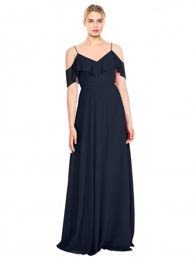 Billigste Dunkelmarine A-Linien Off-Schulter Spaghetti-Träger Chiffon Lange Brautjungfernkleider